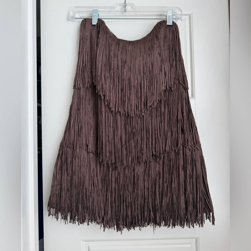 ZARA Strapless Fringe Mini Dress in Brown - XS